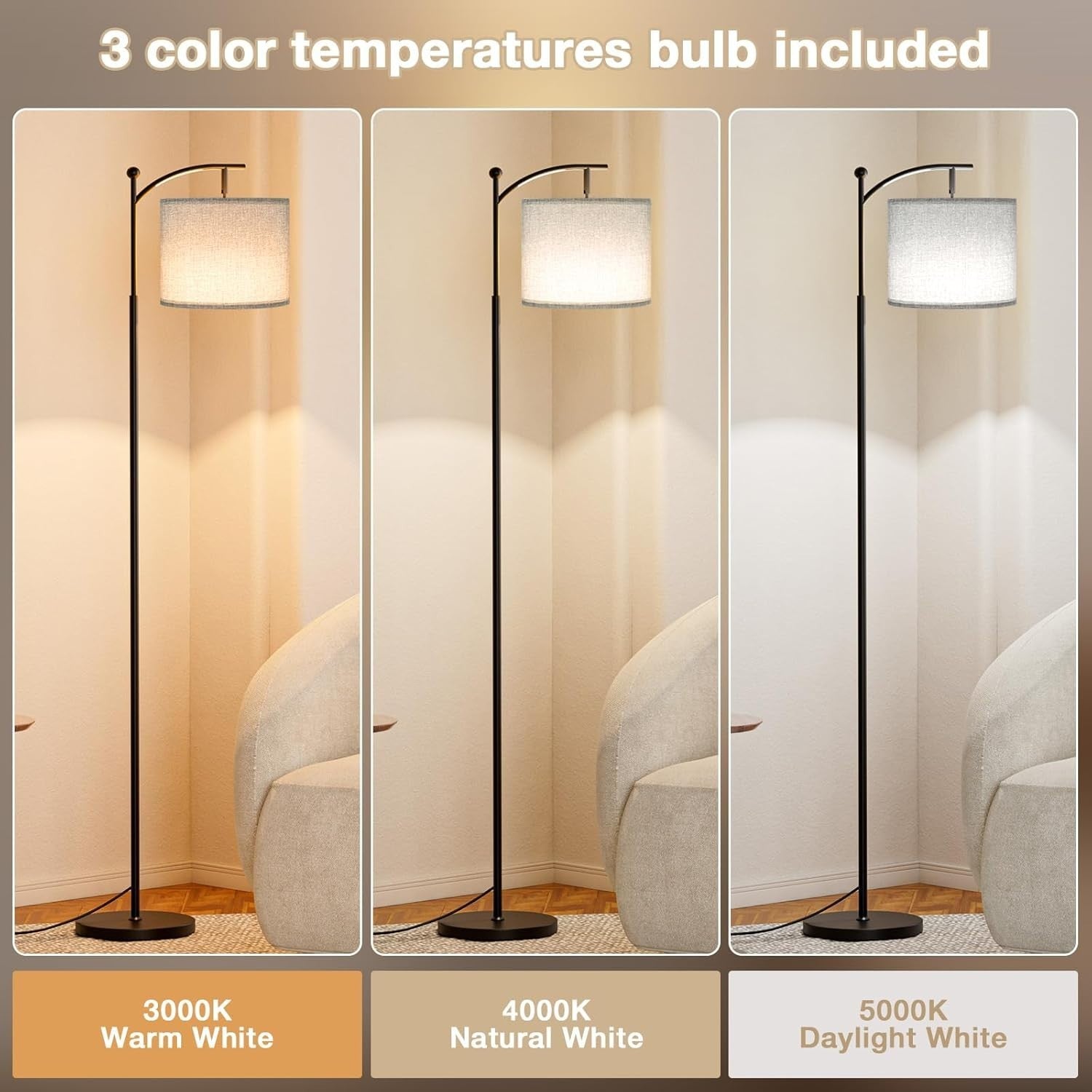 White Floor Lamp 60in Standing Lamp 3 Color Temperatures Foot Switch 9W