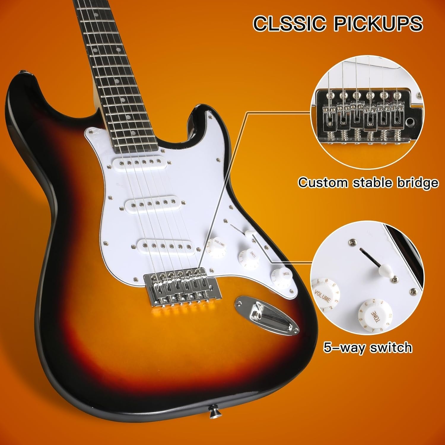 Full Size Electric Guitar Starter Kit Sunburst 6 String w/ Amp & Stand