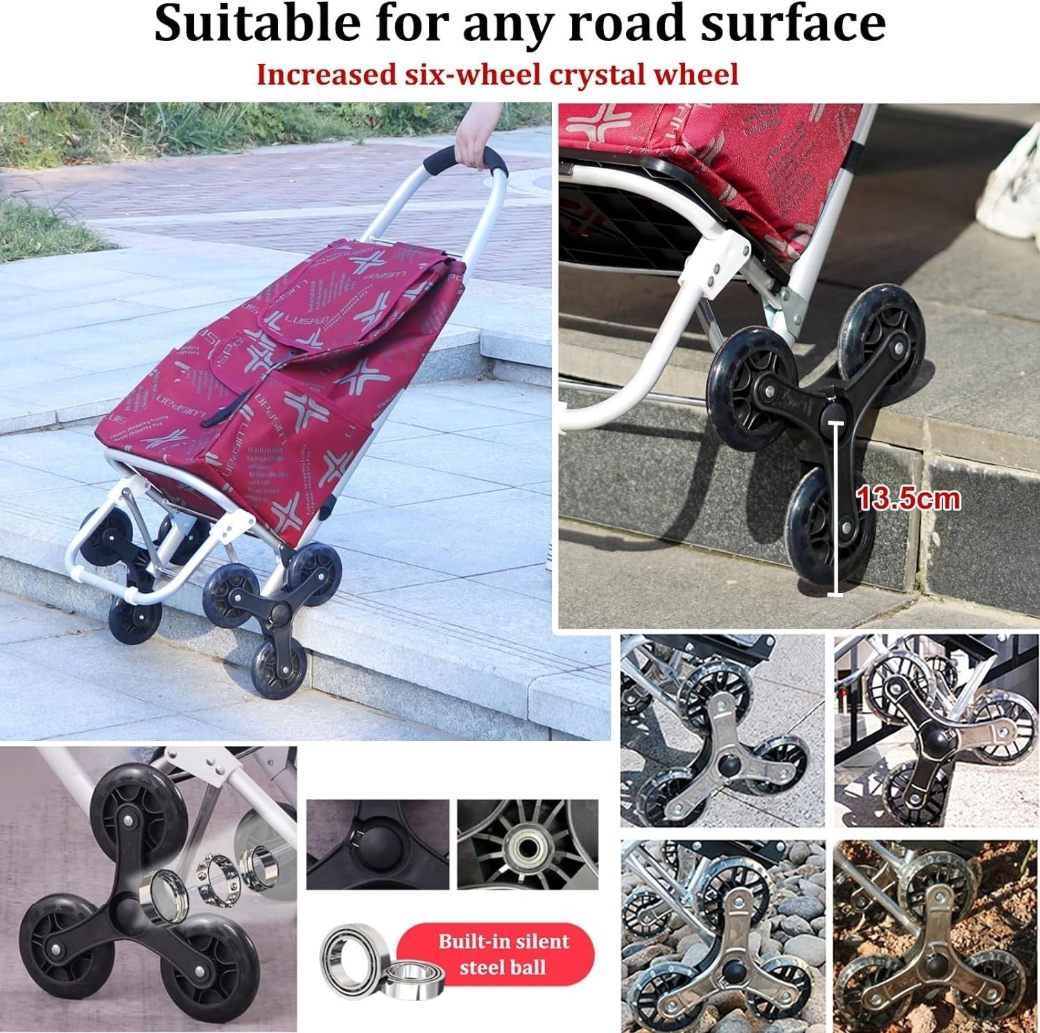 2-in-1 Foldable Stair Climber Shopping Trolley 6-Wheel Lightweight Cart 40KG