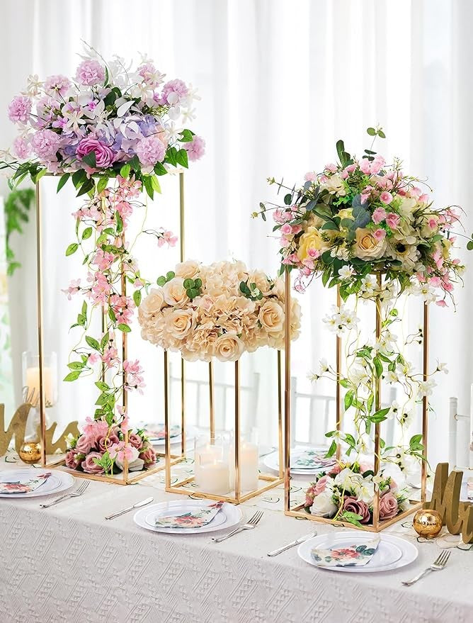 3 Pcs Gold Metal Flower Stand Set Tall Geometric Wedding Party Display Stands