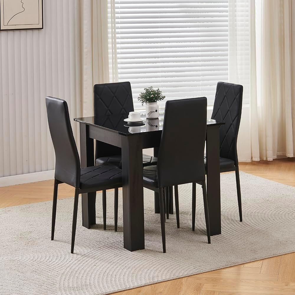 Modern Black Dining Table Set 3PC Small Space PU Chairs Kitchen Home