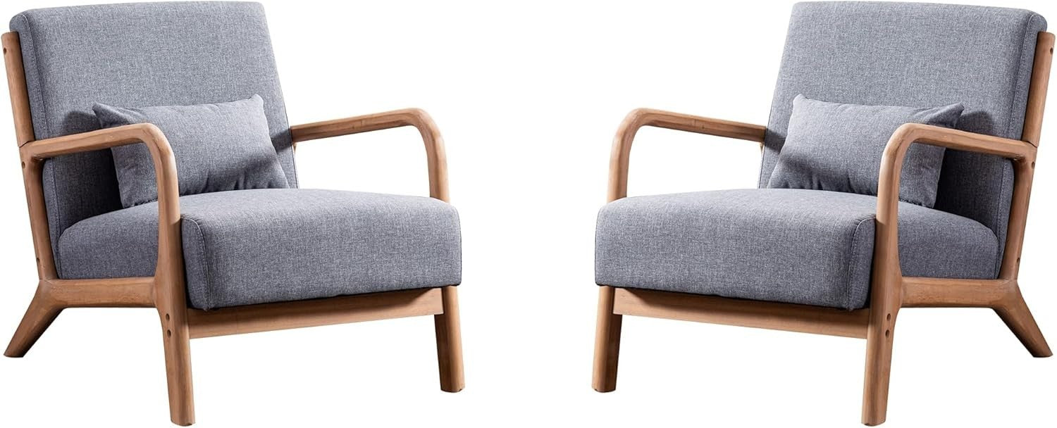 2x Grey Upholstered Accent Armchairs Solid Wood Frame Lounge Chairs