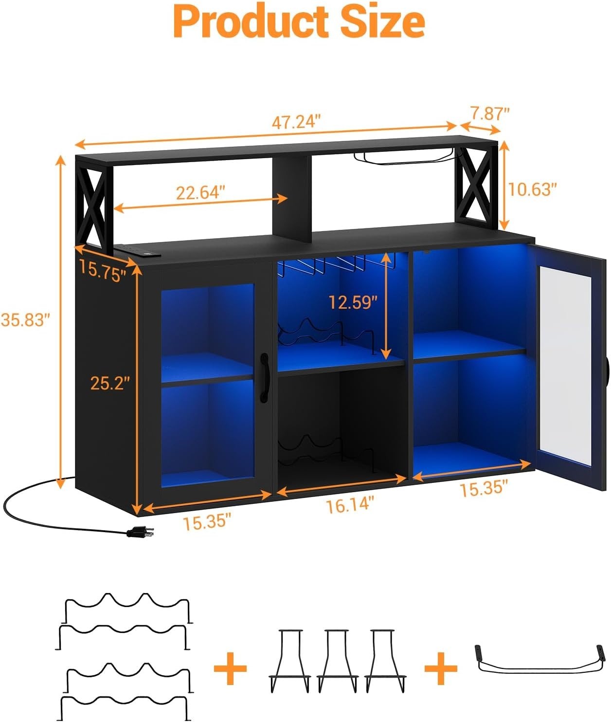 LED Bar Cabinet with USB Ports, Wine & Glass Storage, 3-Tier Buffet Sideboard