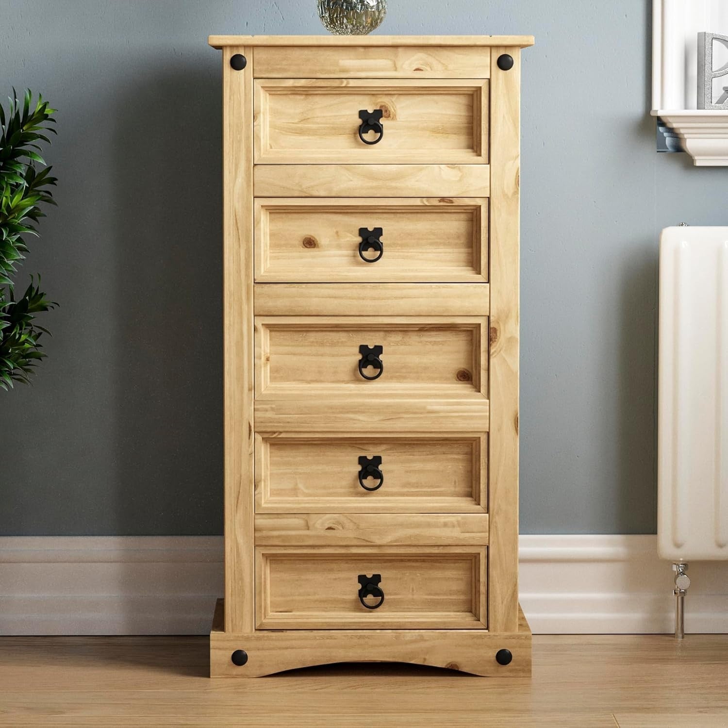Pine 5-Drawer Narrow Chest Solid Wood Storage Cabinet Rustic Bedroom