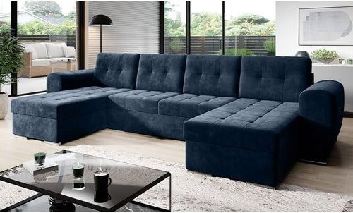 Navy U-Shape Sofa Bed with Storage – Quilted Corner Couch Sleeper