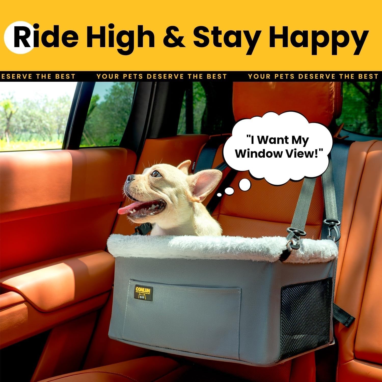 Elevated Dog Car Seat Booster Bed Safety Tether Waterproof Grey