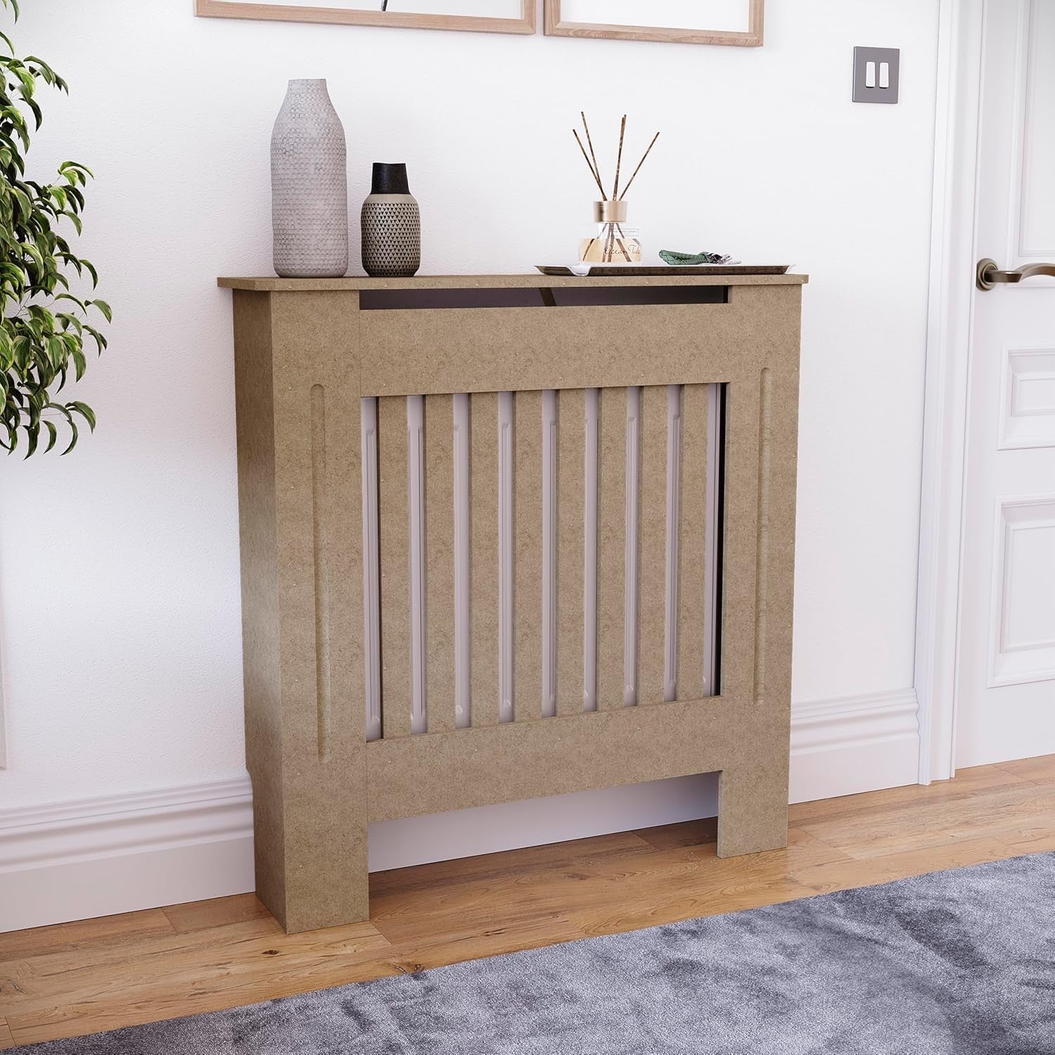 Small Unfinished Radiator Cover Cabinet | Modern Slatted MDF Heater Cover