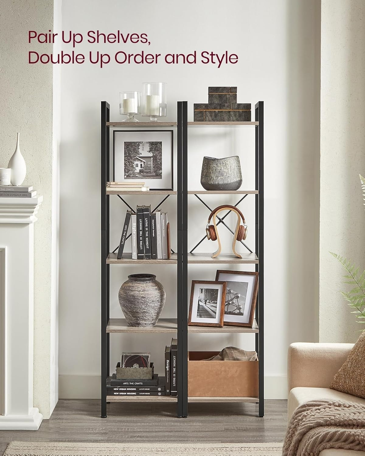 5-Tier Heather Greige Industrial Bookcase – Tall Narrow Storage Shelf Unit