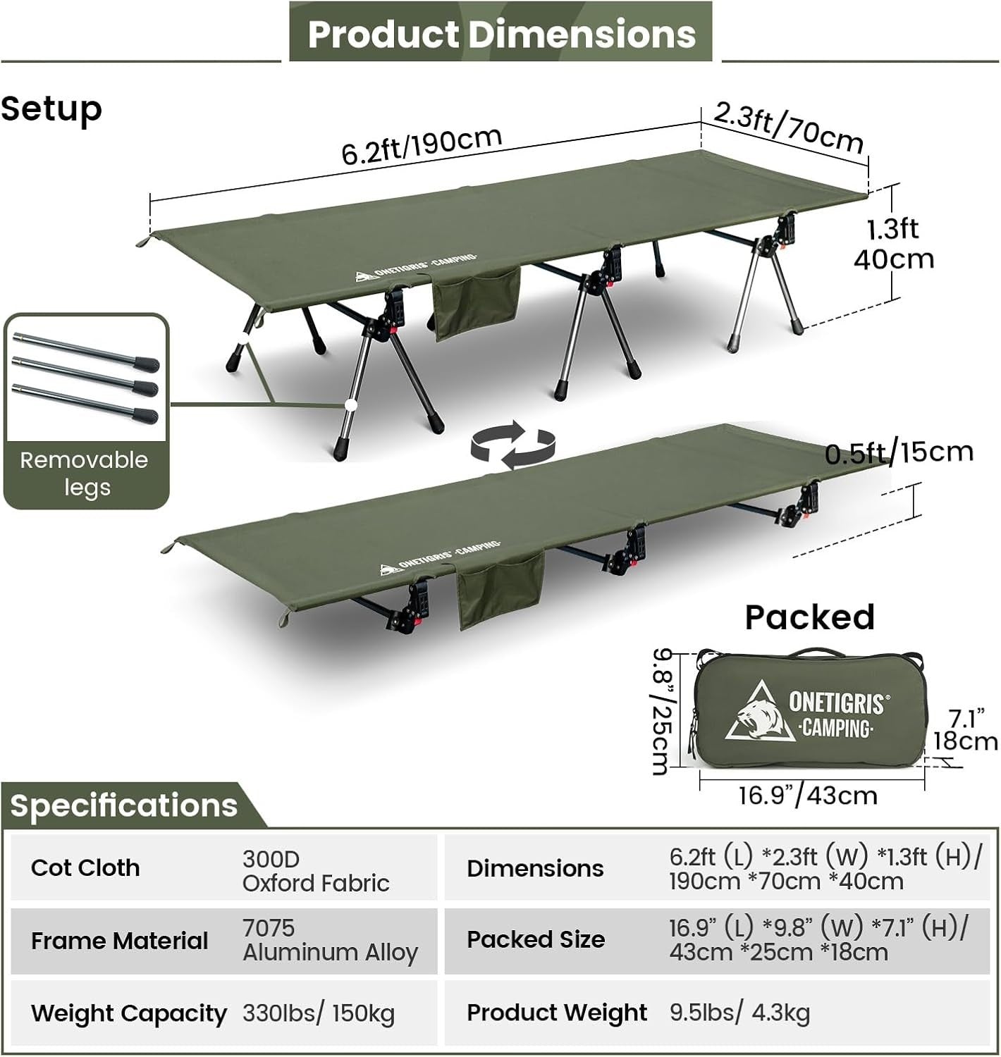 Heavy Duty Folding Camping Cot Adjustable Bed 330lbs Portable Outdoor