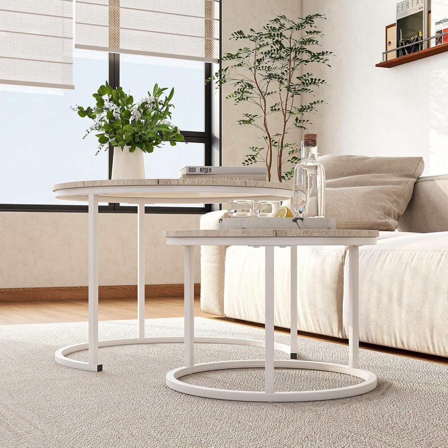 Round Nesting Coffee Tables Set of 2 with Metal Frame & Oak Tops, Space Saving