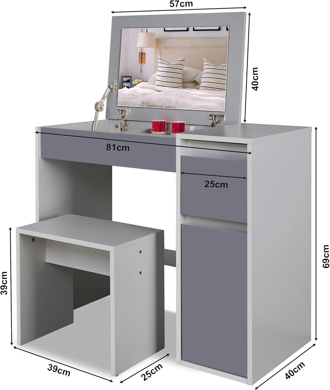 Dressing Table Vanity Desk w/Flip Mirror Storage Drawer & Stool Light Grey MDF