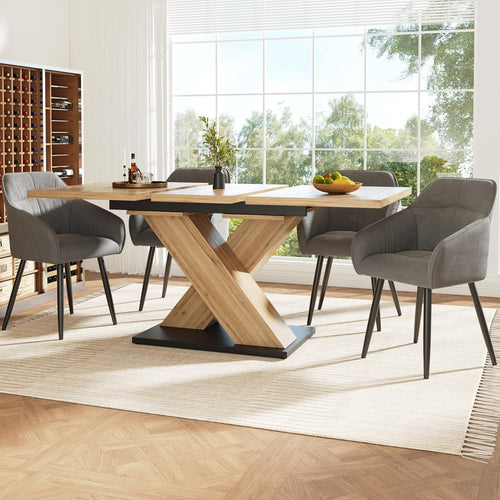 Extendable Dining Table 6-8 Seat Solid Wood Look Pedestal Base Modern