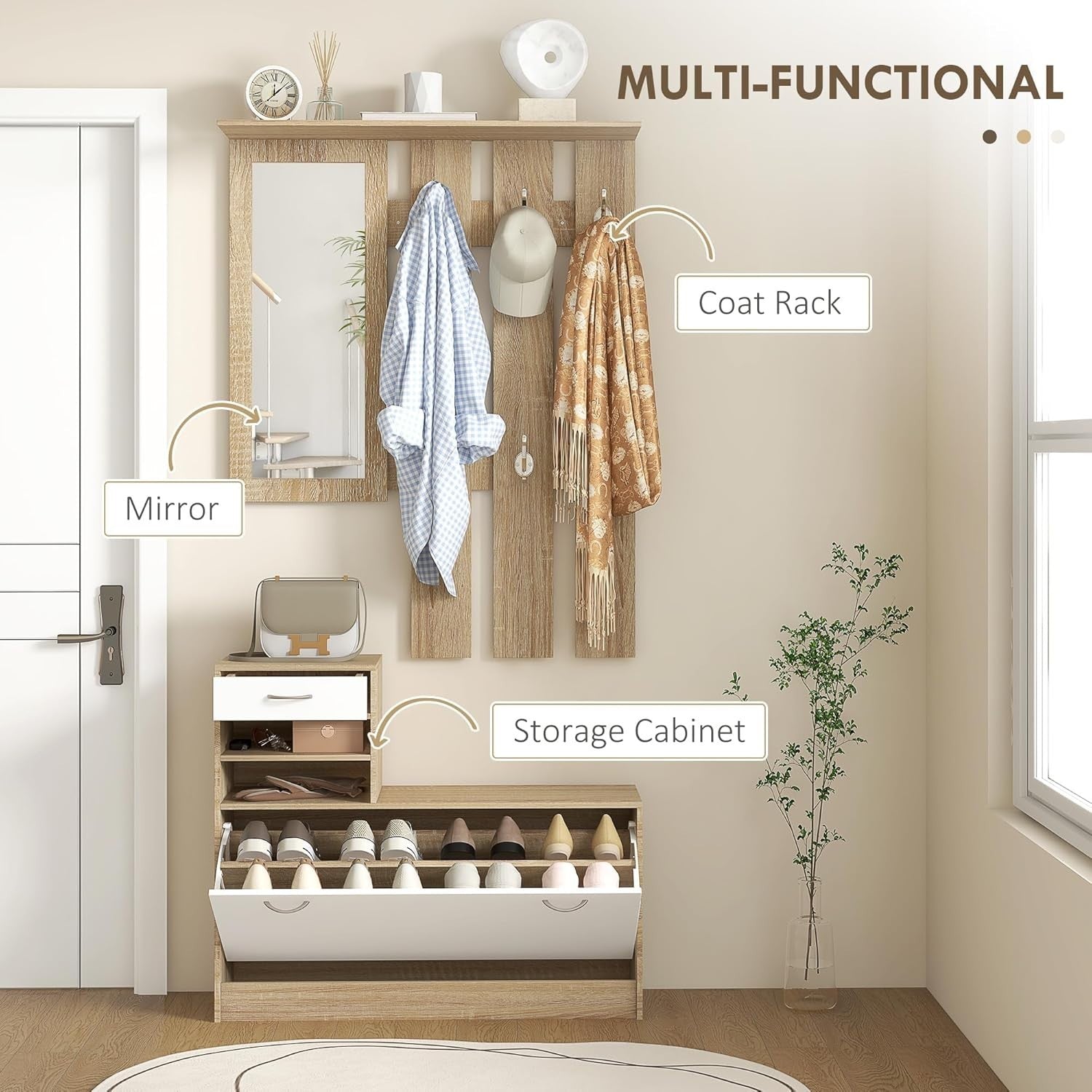 Natural Wood Hallway Furniture Set with Shoe Cabinet, Mirror & Coat Hooks