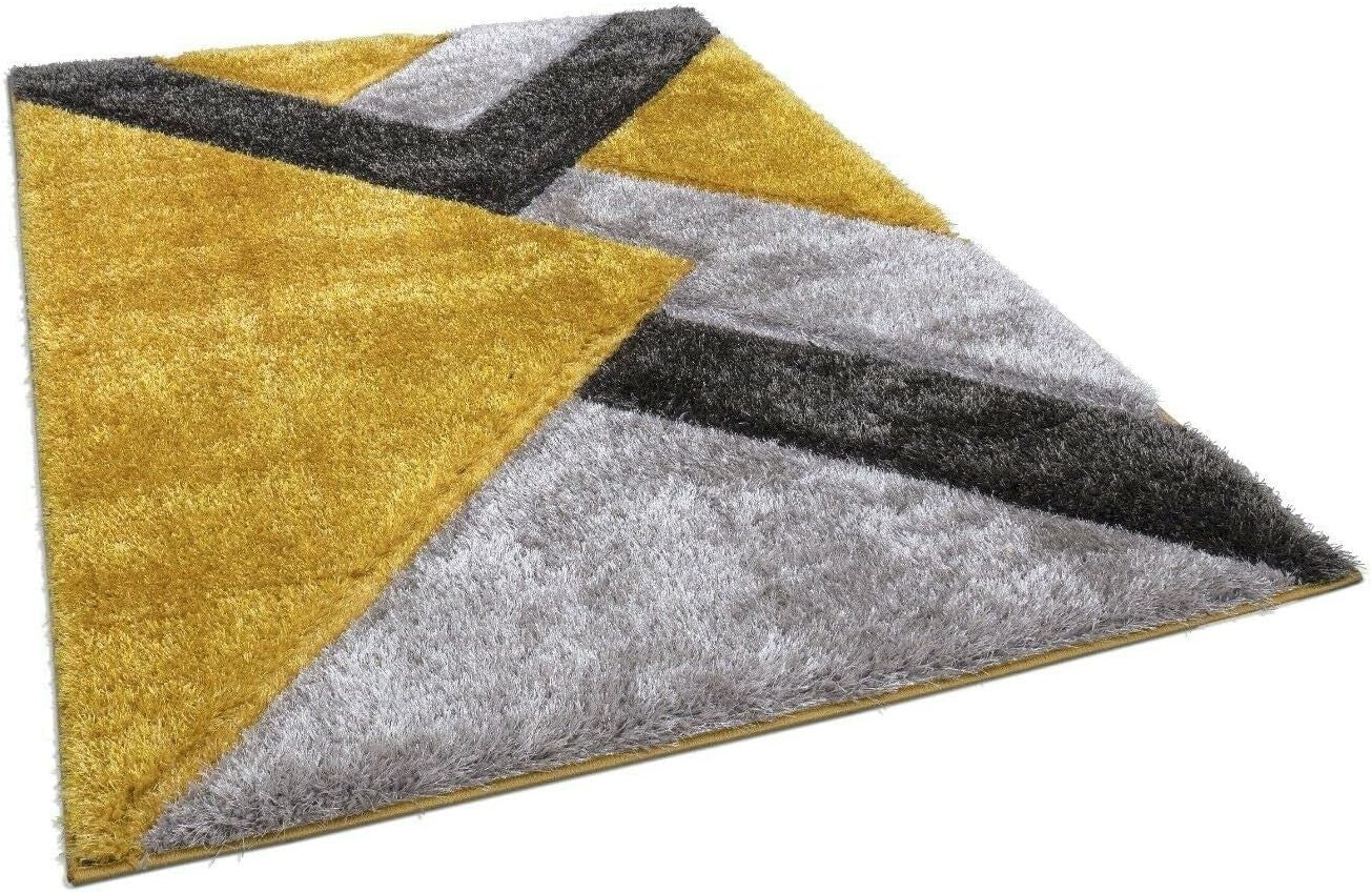 Large Ochre Grey Geometric Shaggy Rug 160x230cm Soft Non Shed Area Carpet