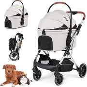 Luxury Pet Stroller 3 in 1 Folding Dog Pram with Detachable Carrier Beige