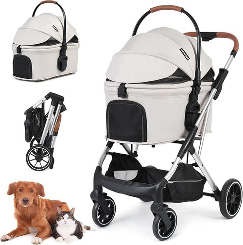 Luxury Pet Stroller 3 in 1 Folding Dog Pram with Detachable Carrier Beige