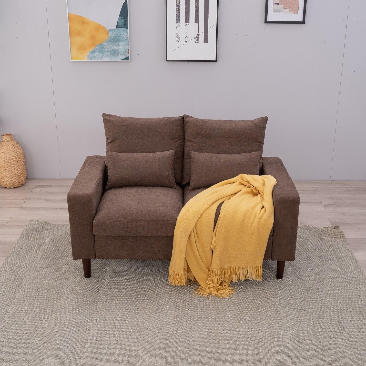 2 Seater Sofa Brown Linen Fabric Small Couch Modern Solid Wood Legs + Cushions