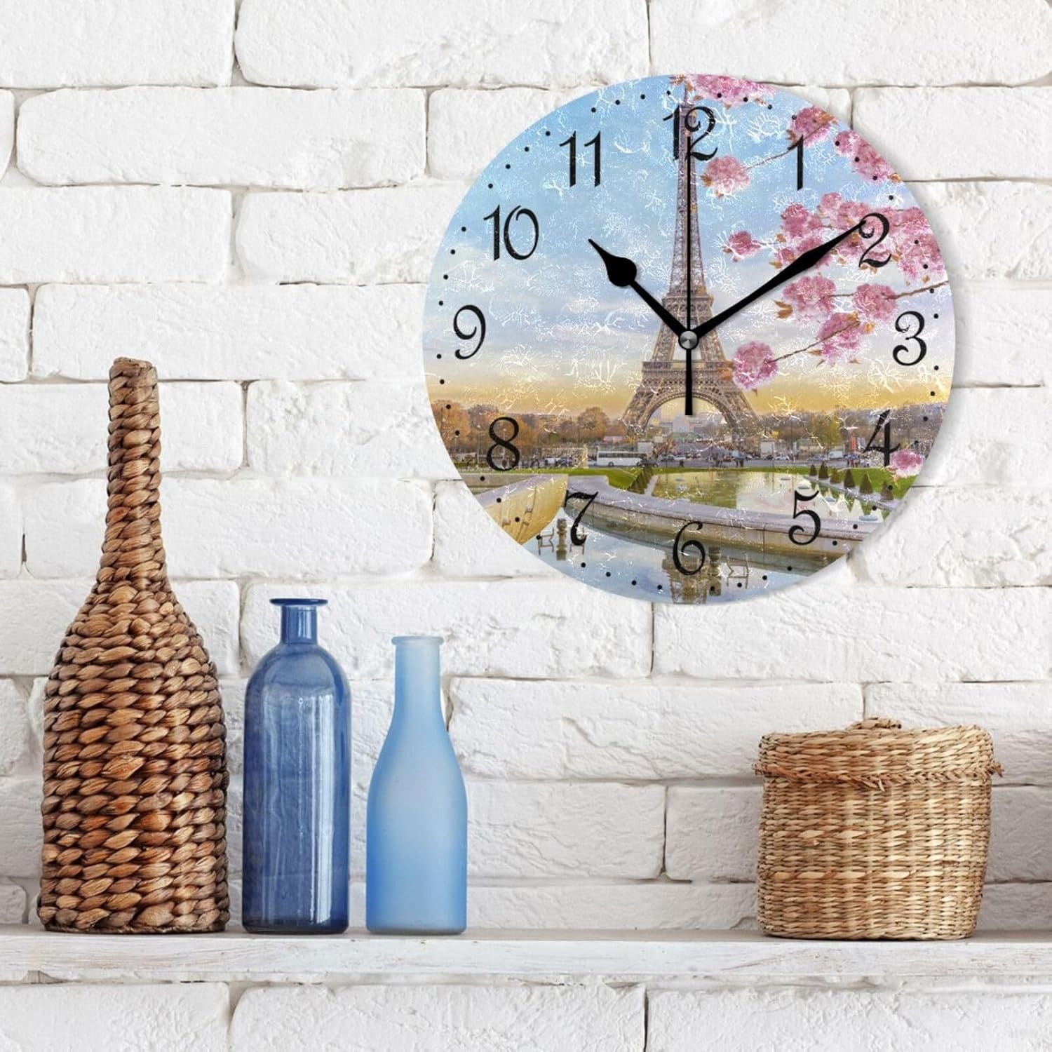 25cm Eiffel Tower Wall Clock – Silent Non-Ticking Spring Flowers Paris Decor