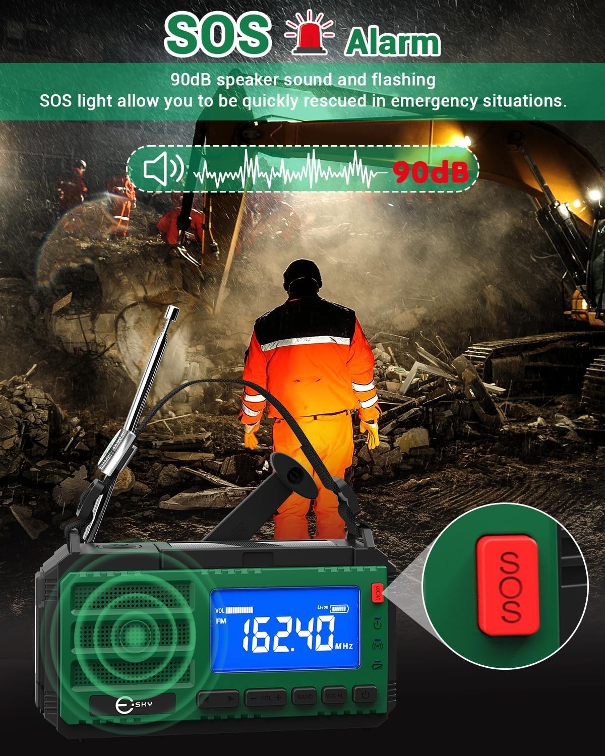 Emergency Wind Up Radio 10000mAh Solar USB Flashlight & SOS Alarm