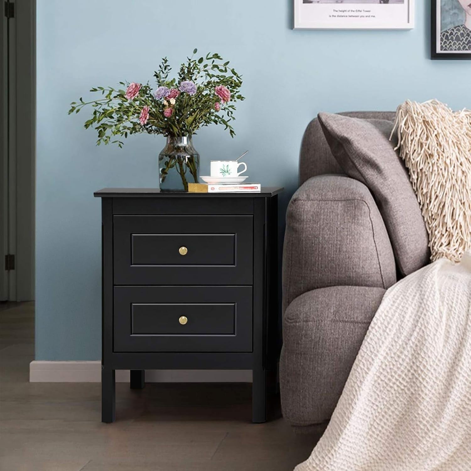 Modern Black Bedside Tables Set of 2 with 2 Drawers, Pine Wood Legs