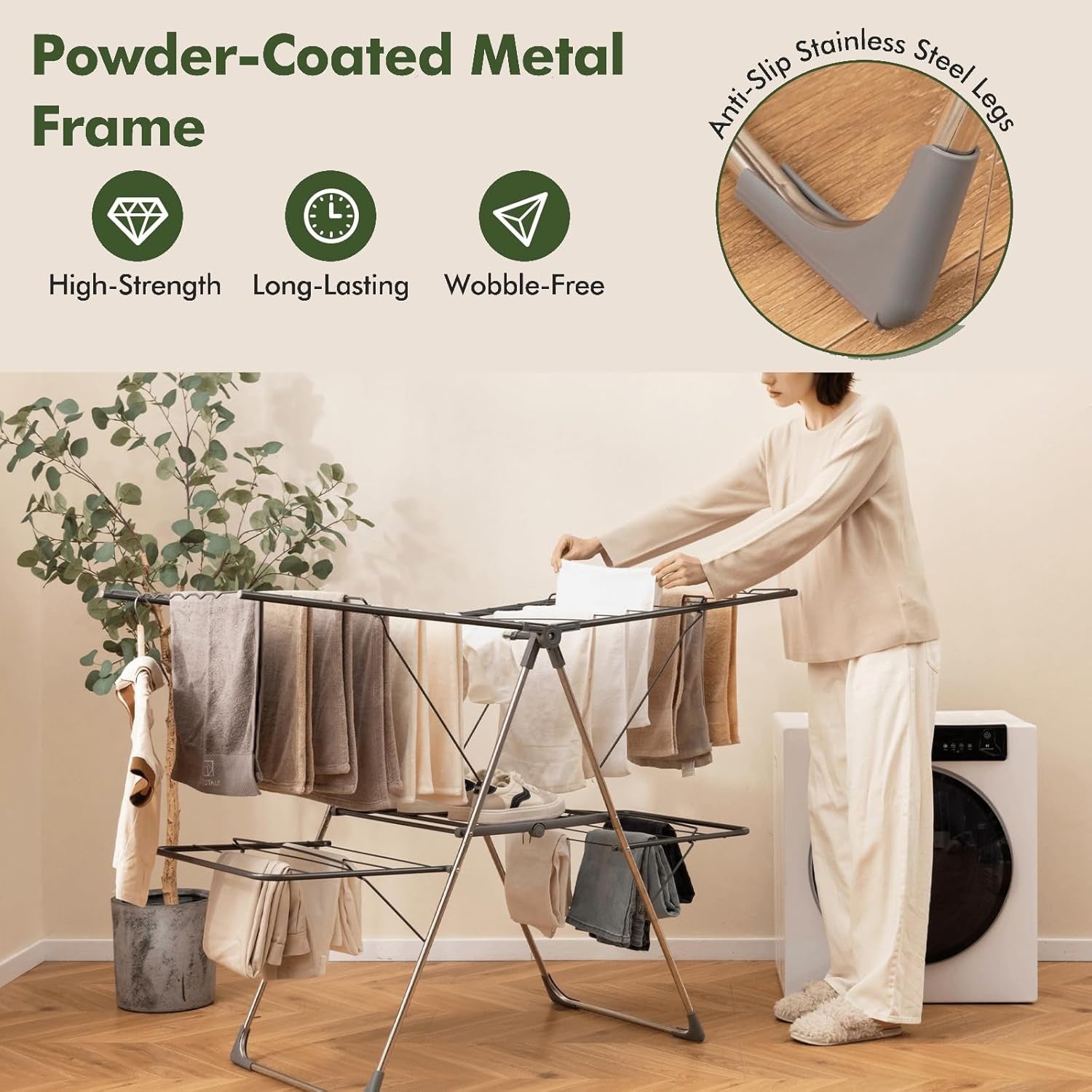 Foldable Clothes Drying Rack 2 Tier Airer 33 Rails Adjustable Freestanding