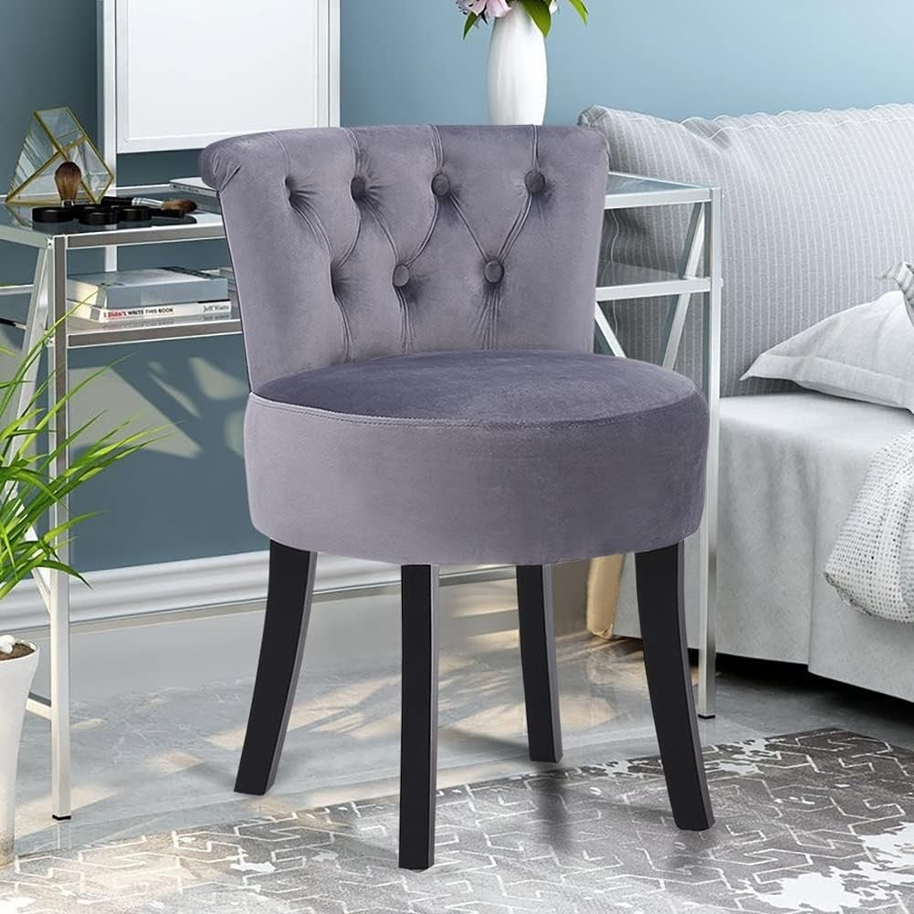 Grey Velvet High-Back Vanity Stool with Wooden Legs – Comfy Dressing Chair
