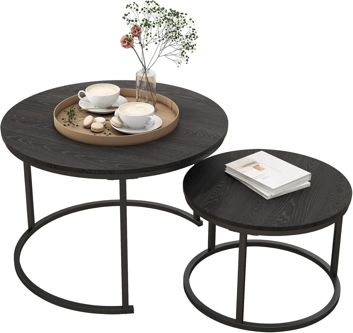 Small Round Nesting Coffee Table Set of 2, Durable Metal Frame & Easy Assembly
