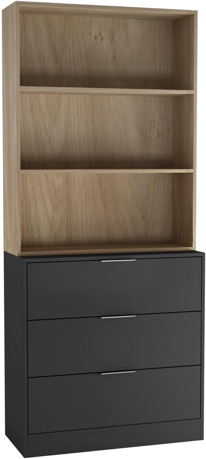 80cm Black Drawer Wooden Storage Cabinet with Oak Bookcase Shelving