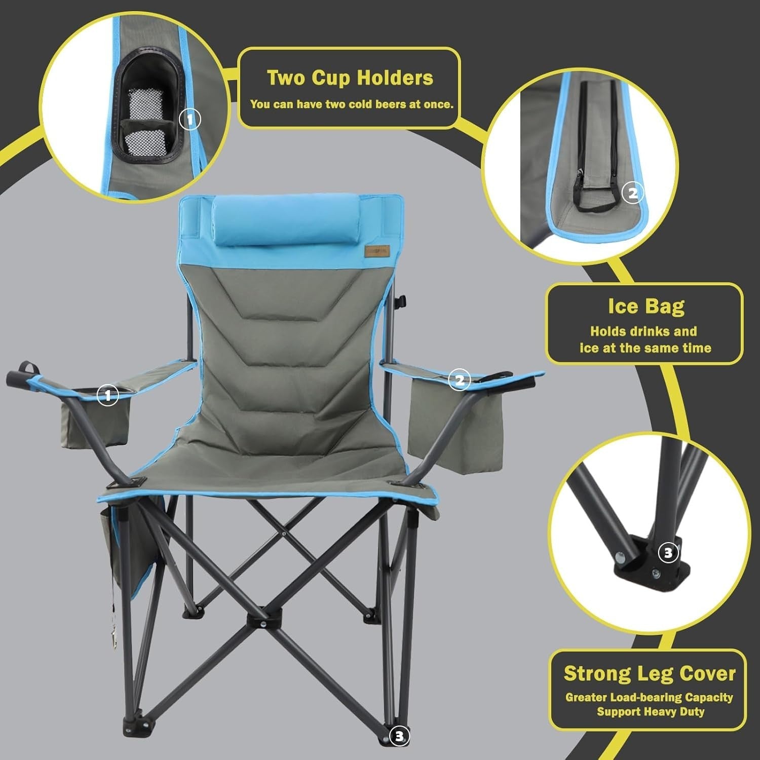 Heavy Duty Folding Camping Chair 400lbs XL Cup Holder Cooler Bag Outdoor