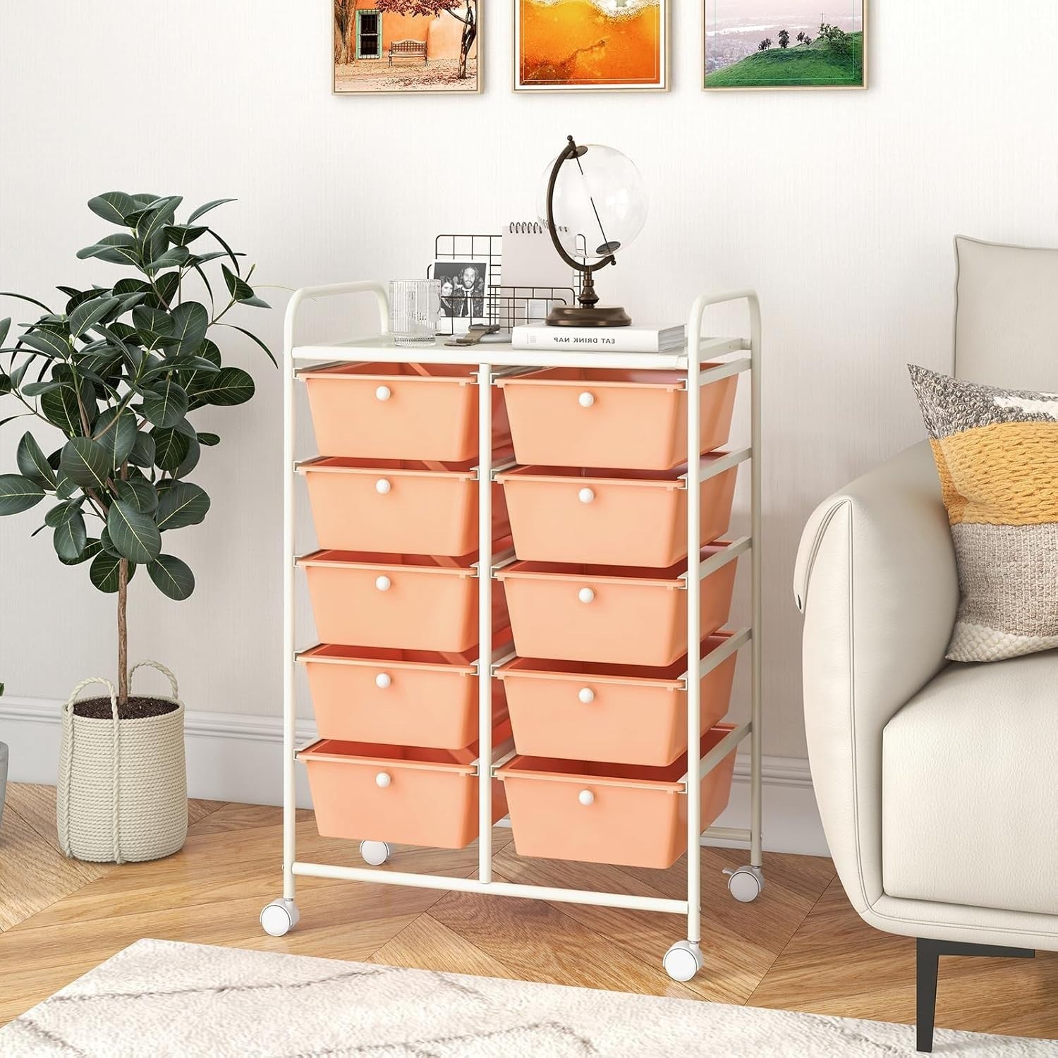 10 Drawer Peach Storage Trolley Rolling Organizer Cart with Wheels