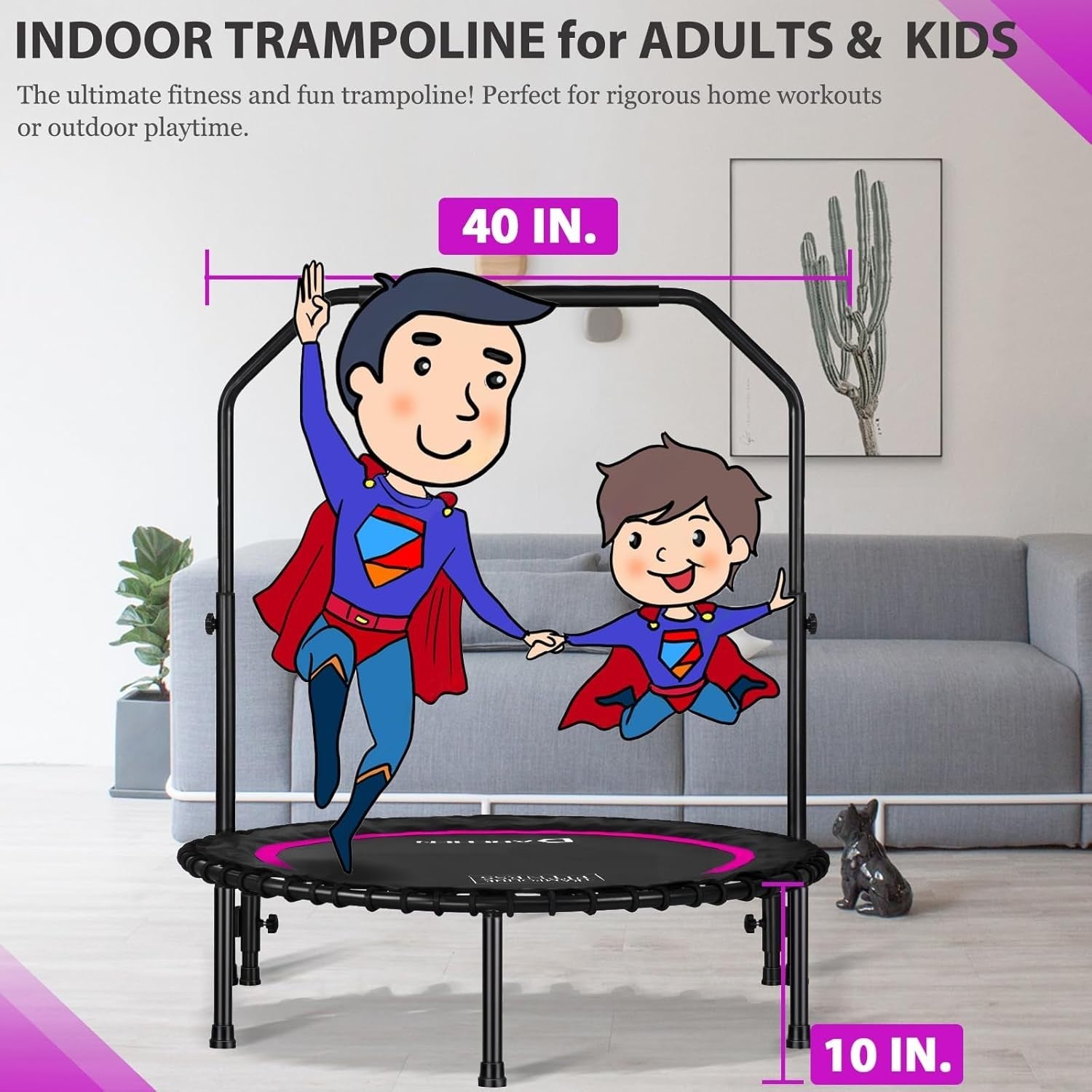 100cm Mini Rebounder Trampoline Quiet Indoor Fitness Handrail 400lb