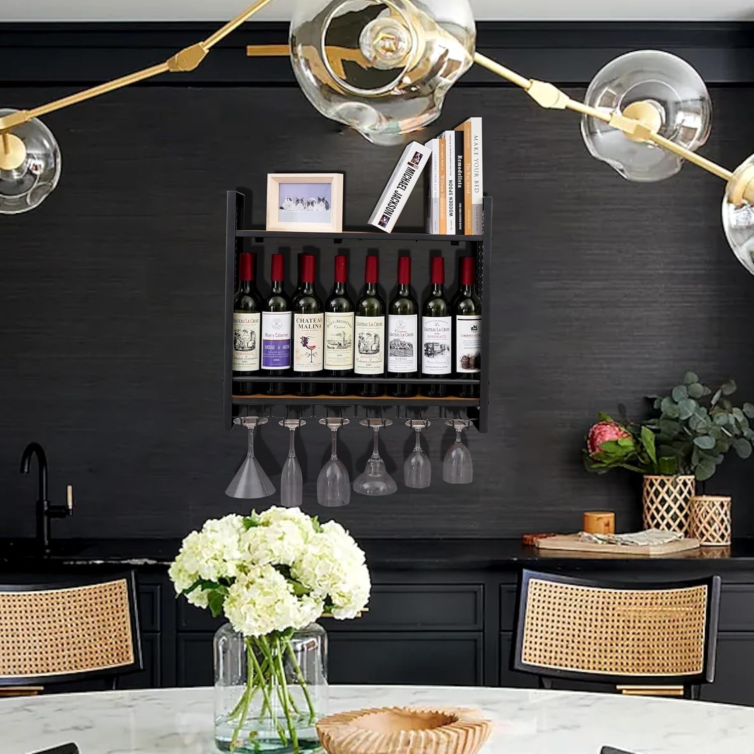Wall Mounted Wine Rack 3 Tier Metal Shelf with Glass Holder Space Saving Storage