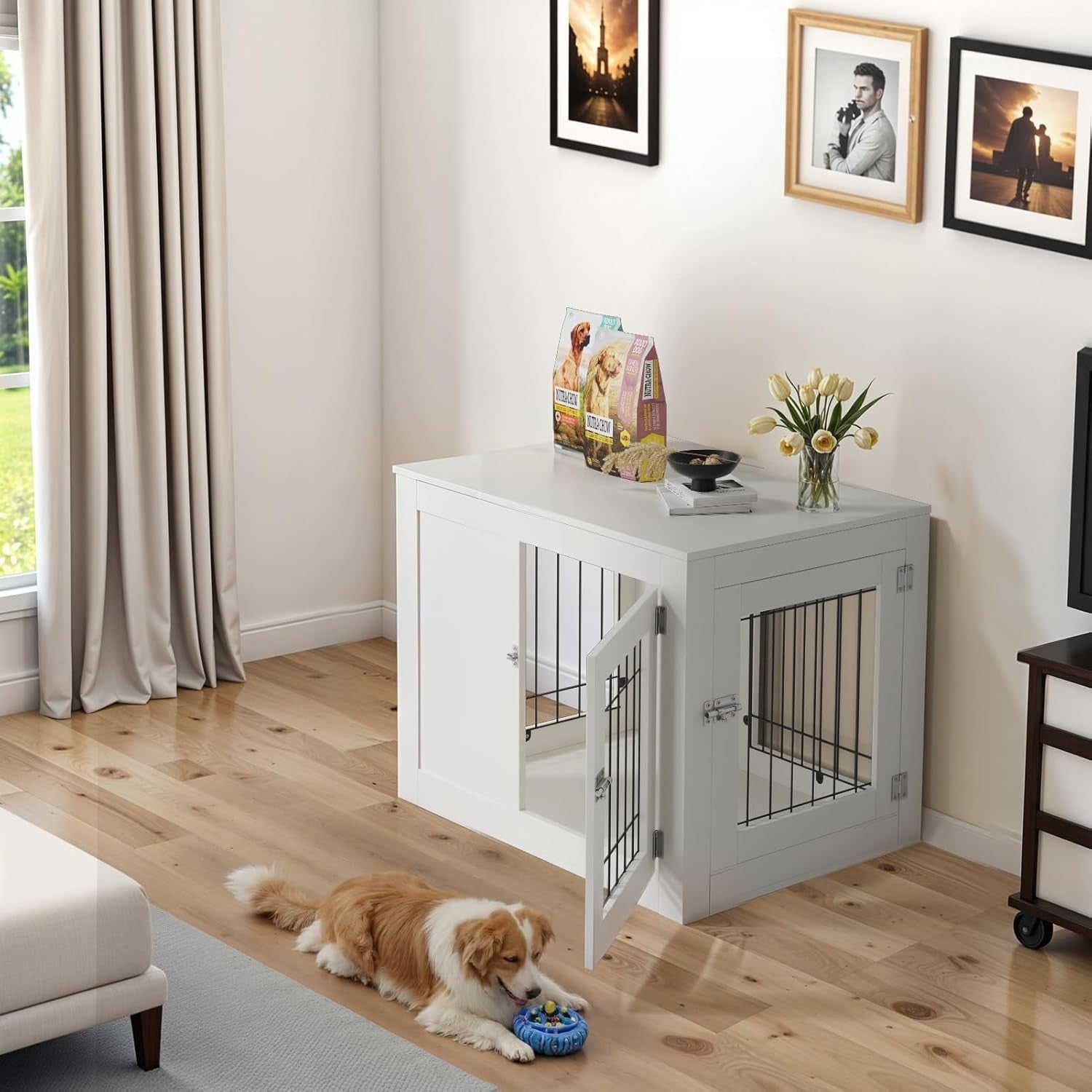 Medium Wooden Dog Crate Furniture 91x68x57cm Indoor Kennel, Lockable, Durable