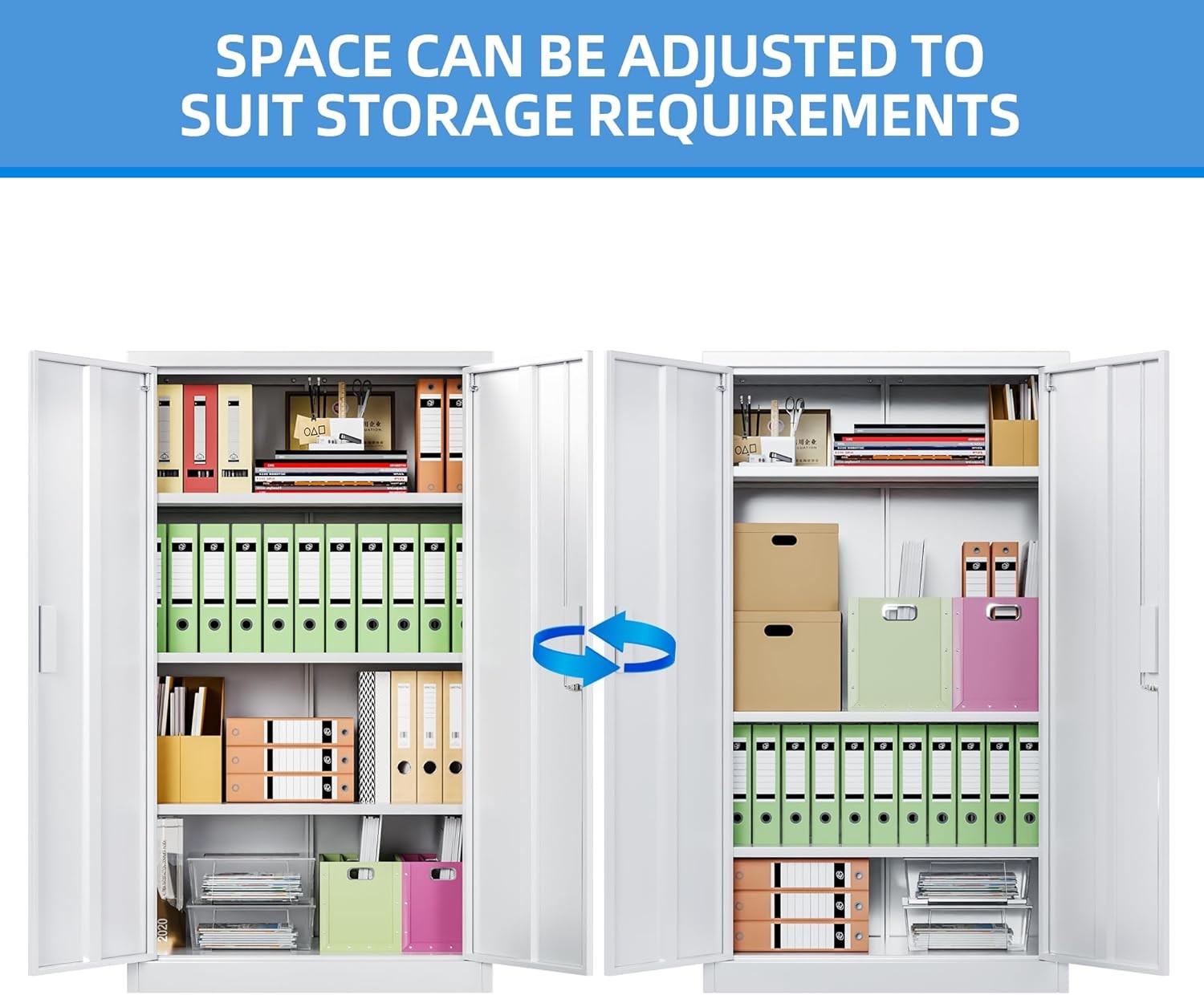 Metal Storage Cabinet 2 Door Lockable Cupboard 3 Adjustable Shelves White
