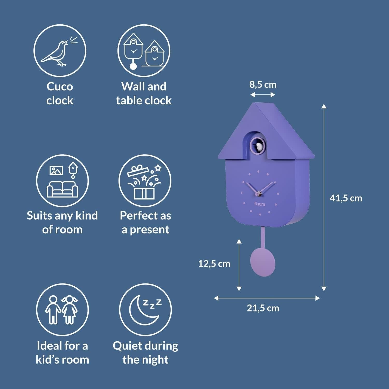 Purple Cuckoo Wall Clock Silent Bird Chime Modern Decor for Kids Bedroom