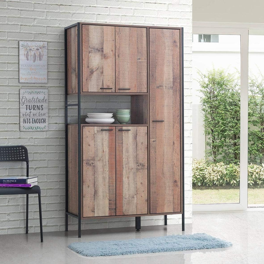 Rustic Oak 180cm Tall Kitchen Dresser 5 Doors Pantry Cabinet