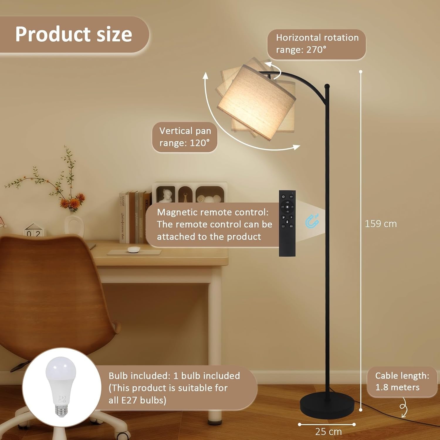 Floor Lamp Dimmable Remote Adjustable Standing Reading Light Black