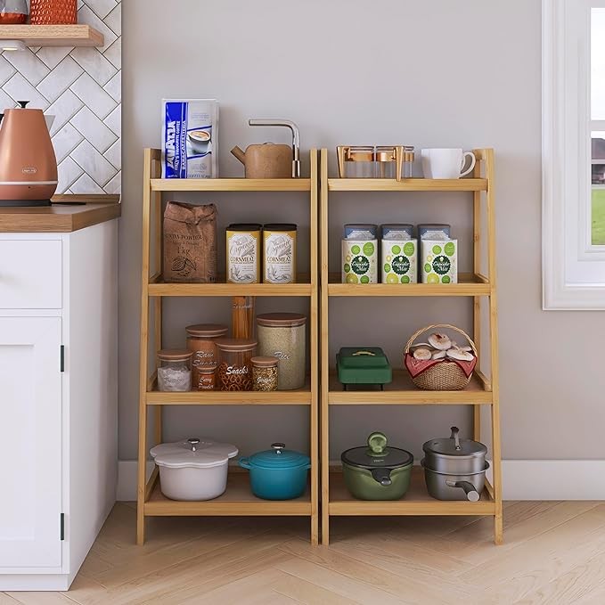 4 Tier Bamboo Ladder Shelf Freestanding Storage Rack for Living Room & Bathroom