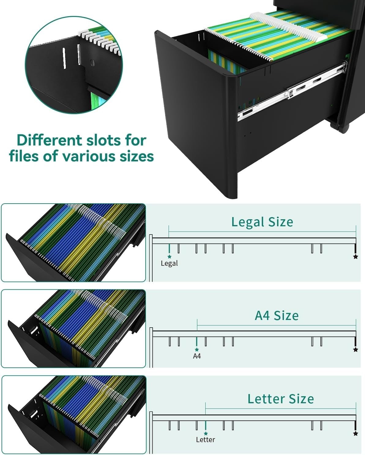 Lockable Metal Mobile Filing Cabinet 3 Drawer A4 Letter Under Desk