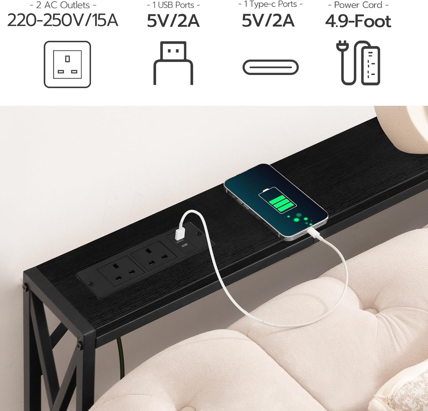 2x Slim Console Tables with USB Charging – 100cm Entryway or Sofa Table