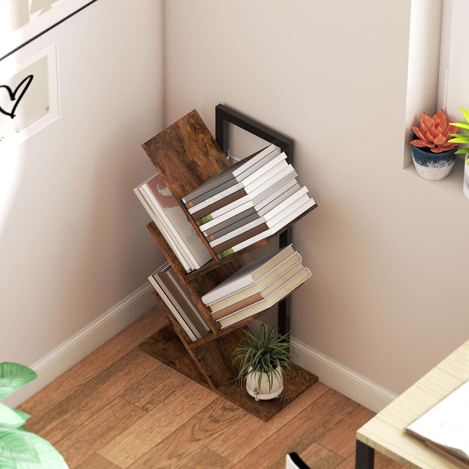 Rustic Brown Tree Bookshelf 5-Tier Vertical Bookcase Modern Space-Saving Shelf