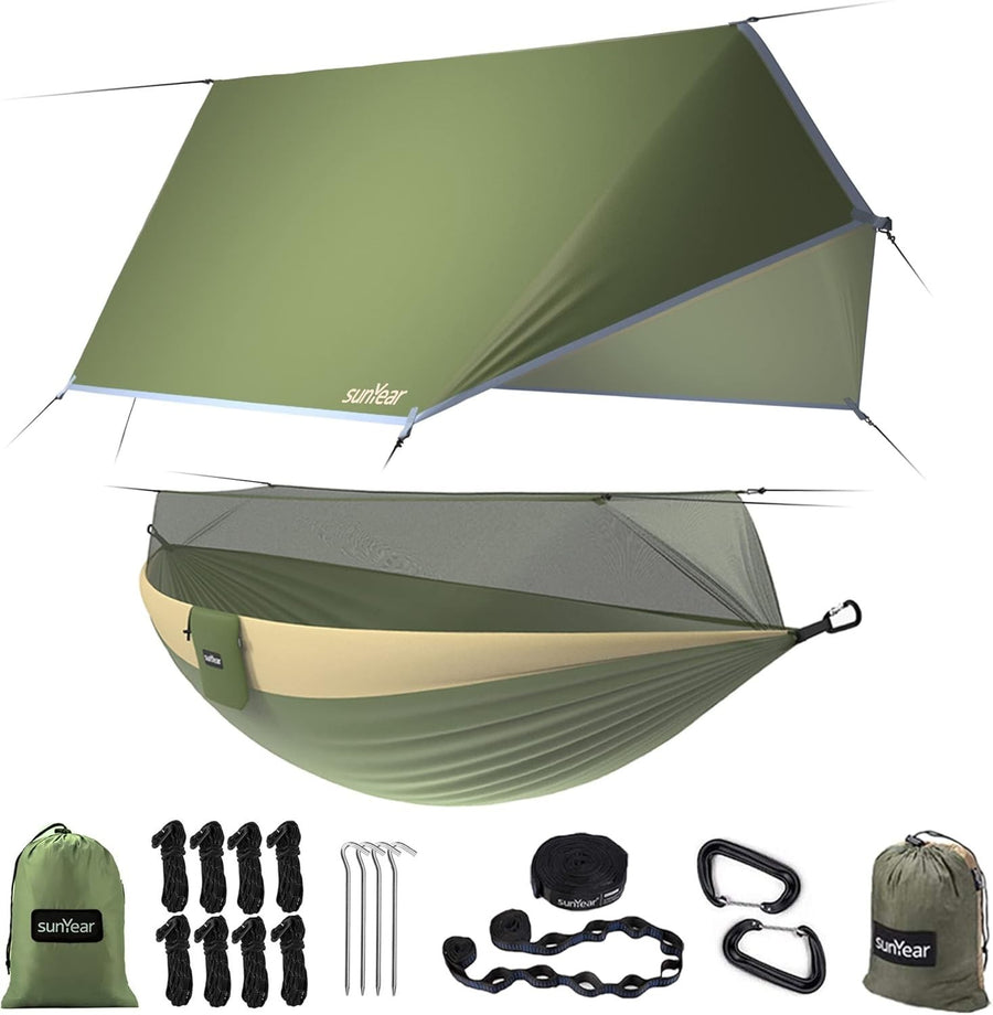 Camping Hammock with Rain Fly & Mosquito Net, Portable Waterproof Shelter