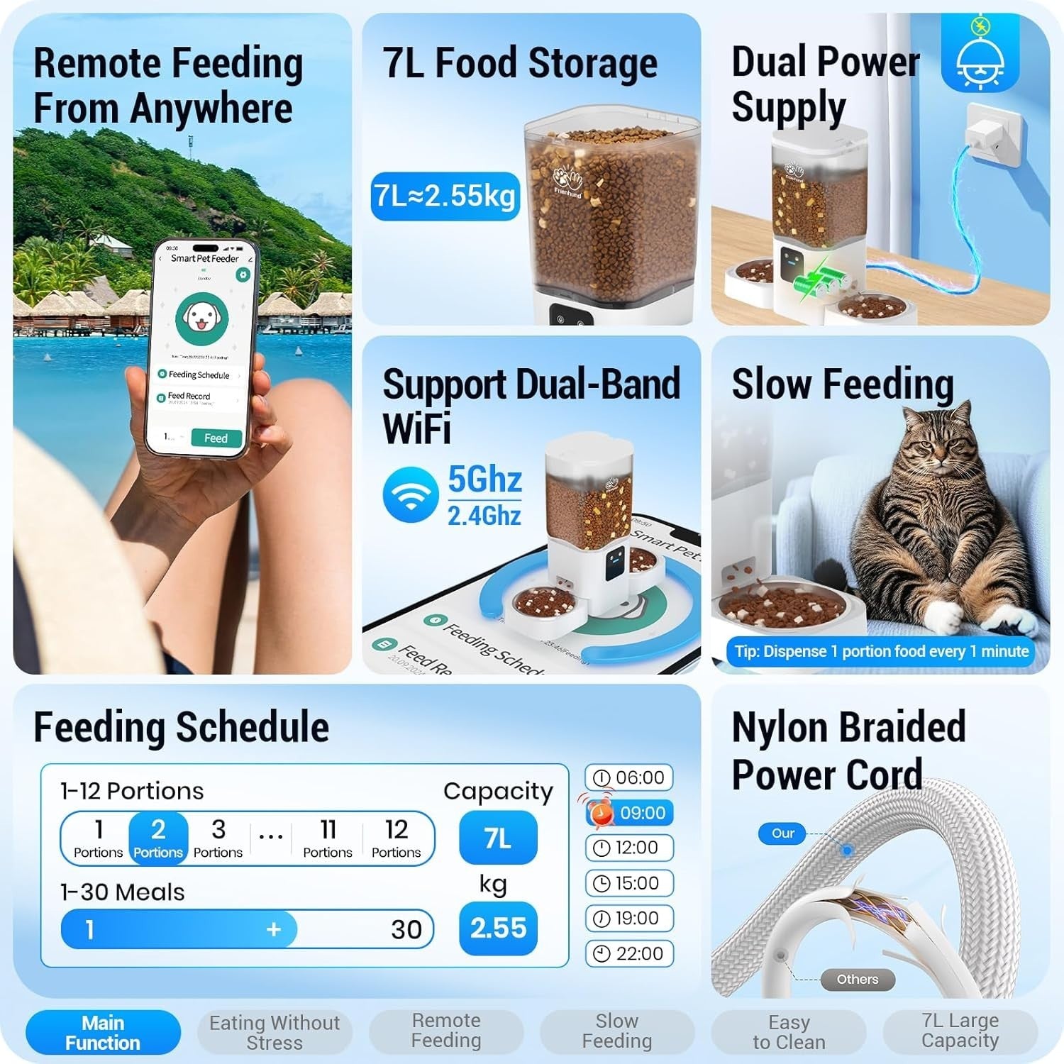 Automatic Cat Feeder 2 Cats WiFi App Control 7L Dual Bowl Slow Feed