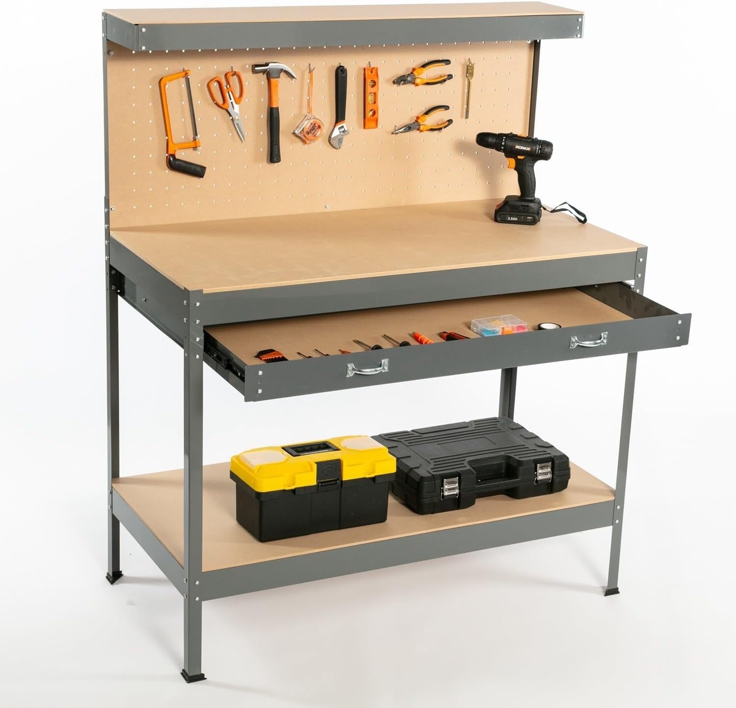 Grey Steel Garage Workbench Tool Station w/ Drawer Pegboard Shelf DIY Storage