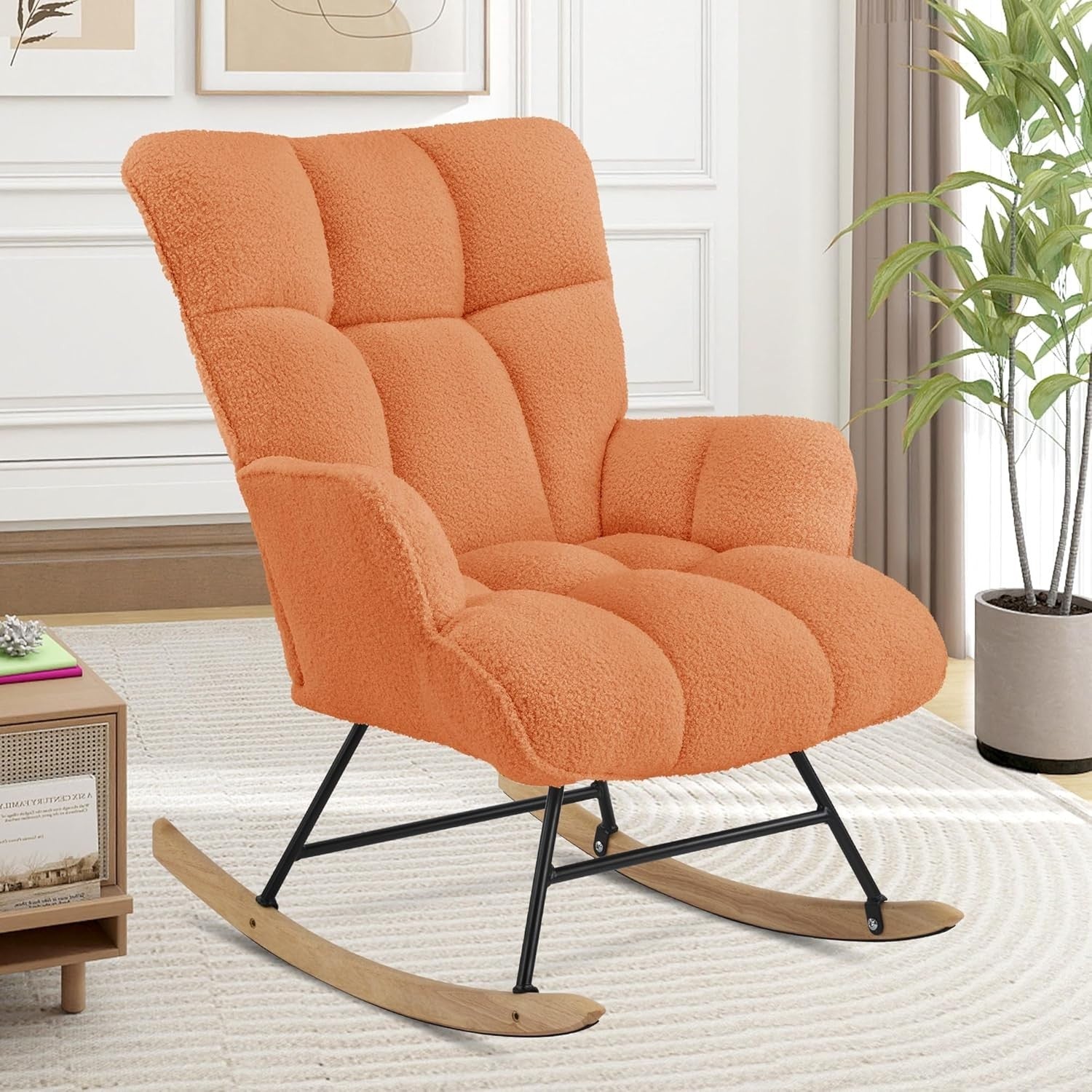 Teddy Fleece Rocking Chair for Adults Nursery Glider Armchair Orange