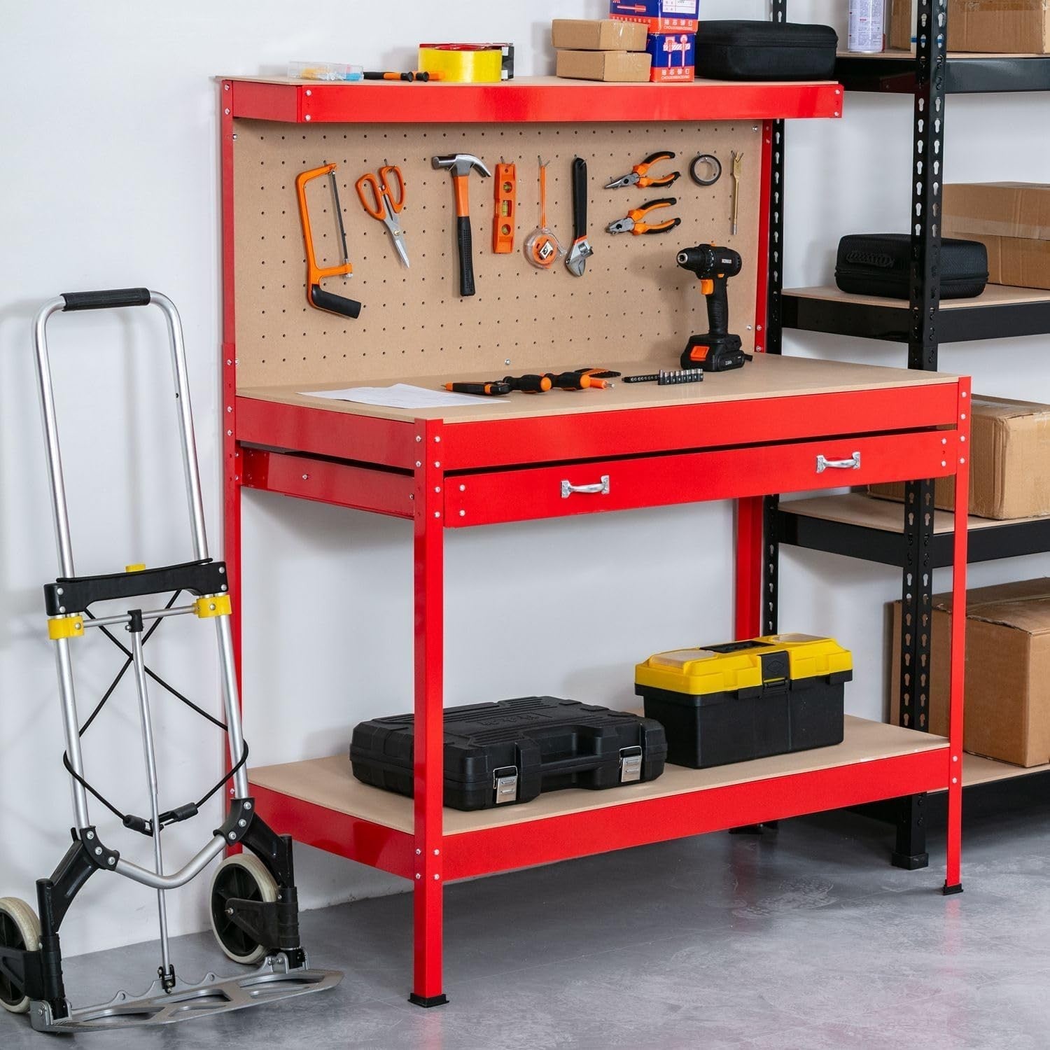 Red Steel Garage Workbench Tool Station w/ Drawer Pegboard Shelf DIY Storage