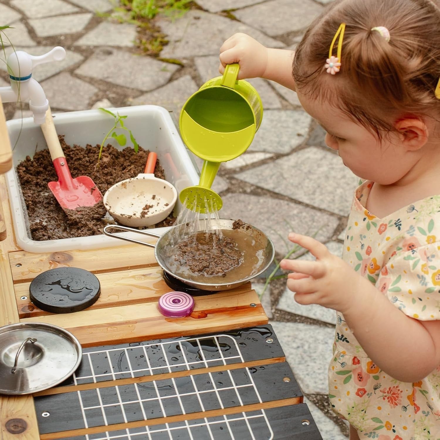 Outdoor Mud Kitchen for Kids Wooden Playset w/ Sink BBQ Toys