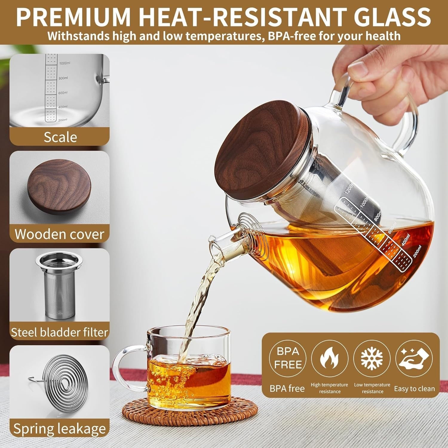 40oz Glass Teapot with Infuser Heat Resistant Borosilicate Tea Pot Lid
