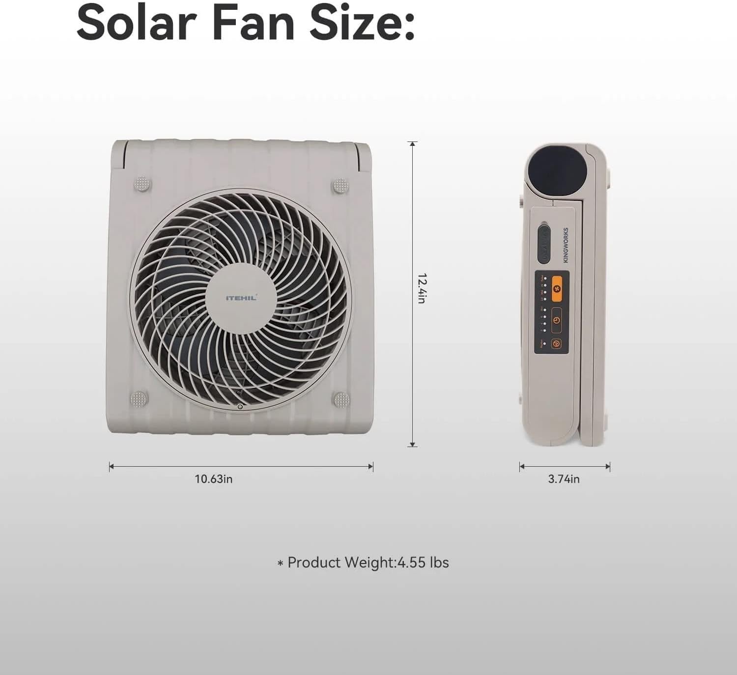 Portable Solar Electric Fan – USB 10000mAh Battery - 4 Speeds, 4 Timers, Gray