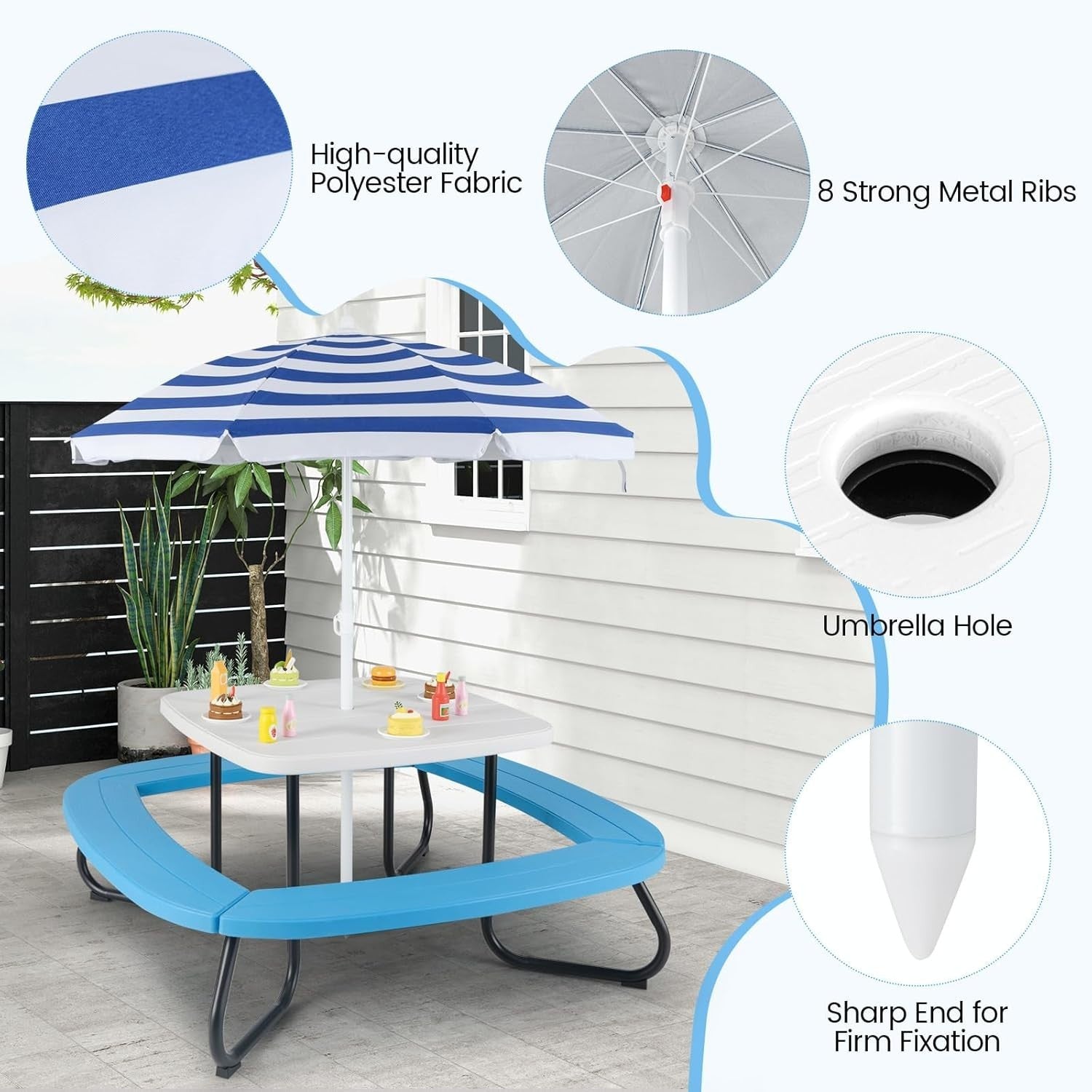 Kids Picnic Table Set 8-Seater with Adjustable Umbrella, Outdoor Garden Fun